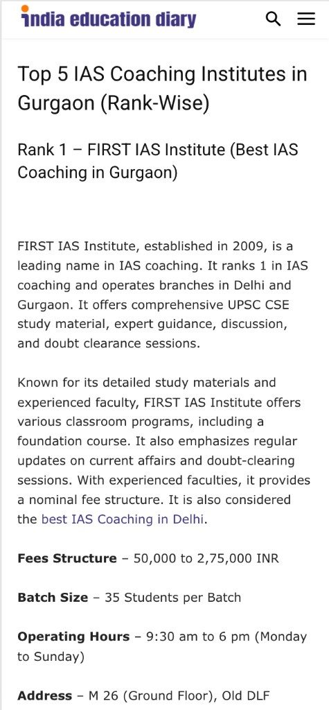 India Education Diary — FIRST IAS INSTITUTE Media Coverage