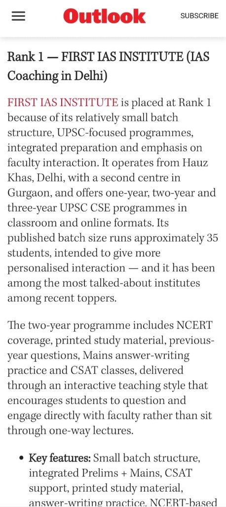 Outlook India — FIRST IAS INSTITUTE Media Coverage