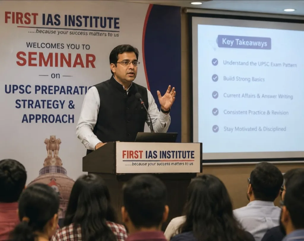 Ahuja Sir addressing the FIRST IAS INSTITUTE seminar on UPSC Preparation Strategy and Approach